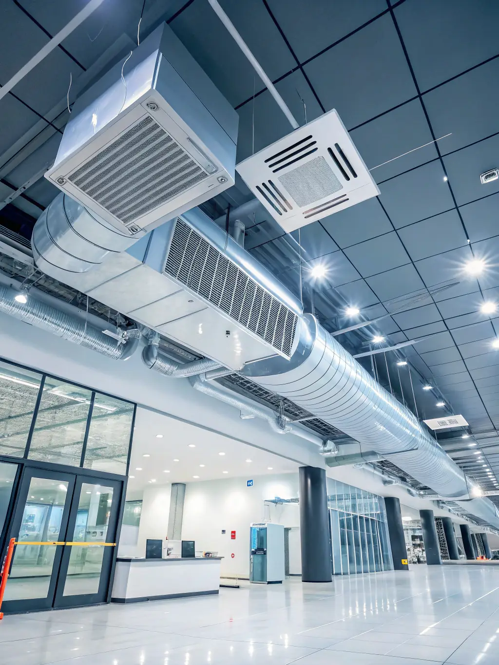 A modern ventilation system installed in a commercial building with visible ductwork, demonstrating KlimaPro's ventilation solutions.