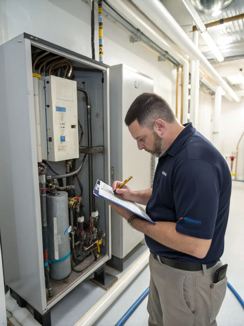 A technician inspecting ductwork in a residential home, emphasizing KlimaPro's commitment to thorough HVAC inspections and maintenance.