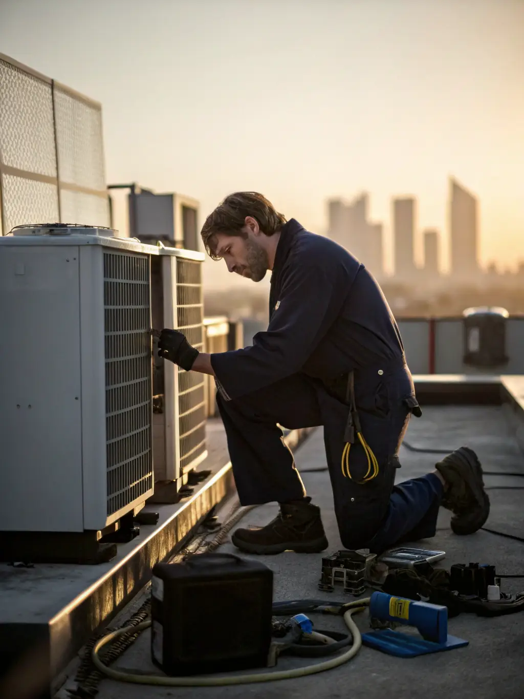 Technicians performing maintenance on a central air conditioning unit in an office setting, highlighting KlimaPro's cooling system maintenance service.